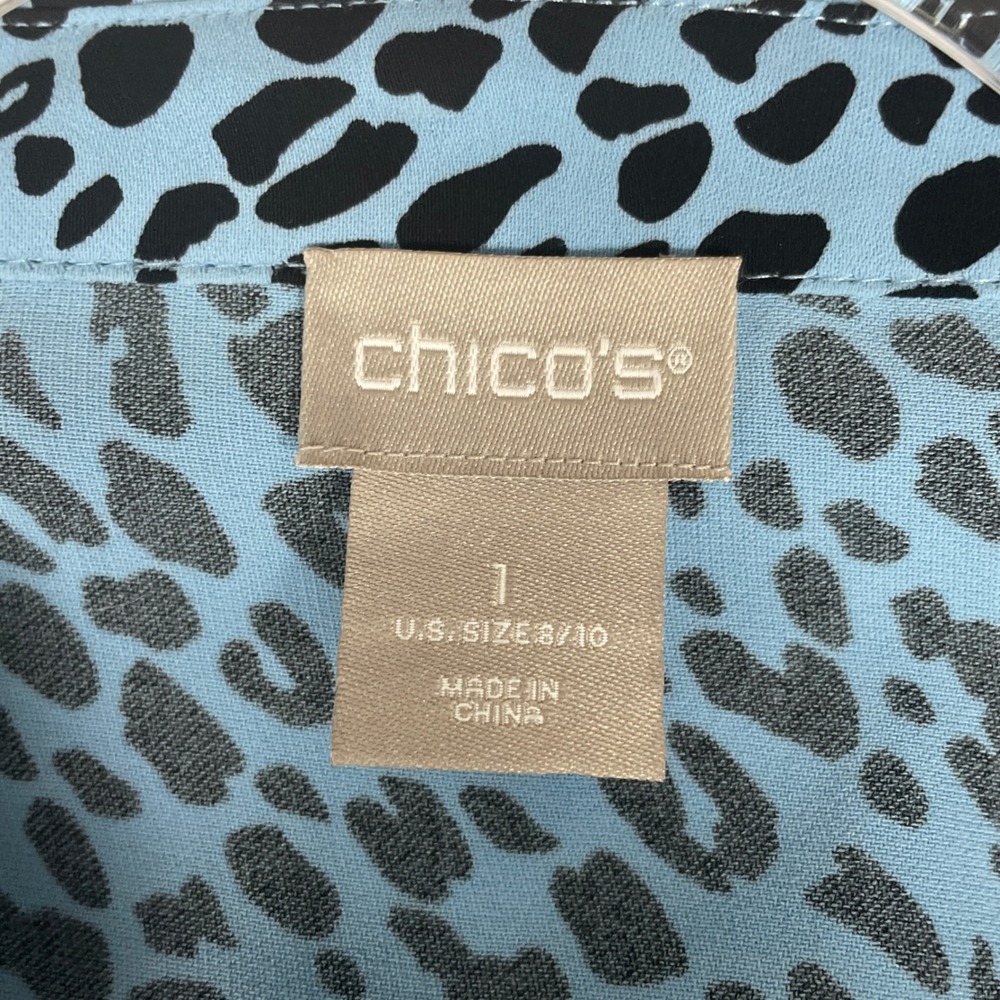 Chico's Animal Print Tie Front Blouse Size 1 Blue Black Leopard Office Chic - Picture 4 of 7